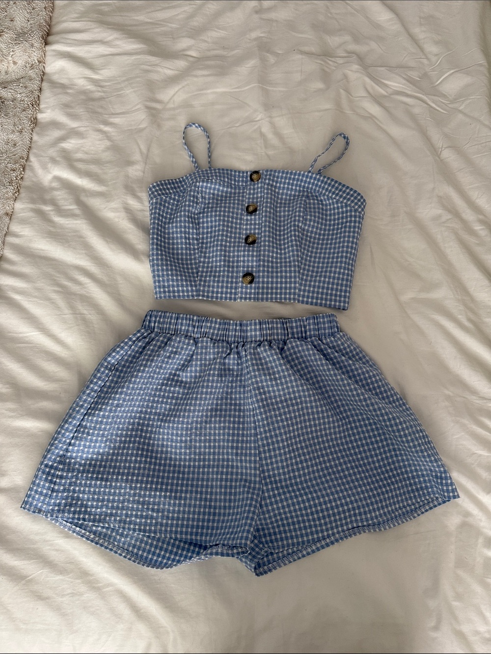 Zaful Blue Gingham Cropped Button Cami Top and Shorts Set